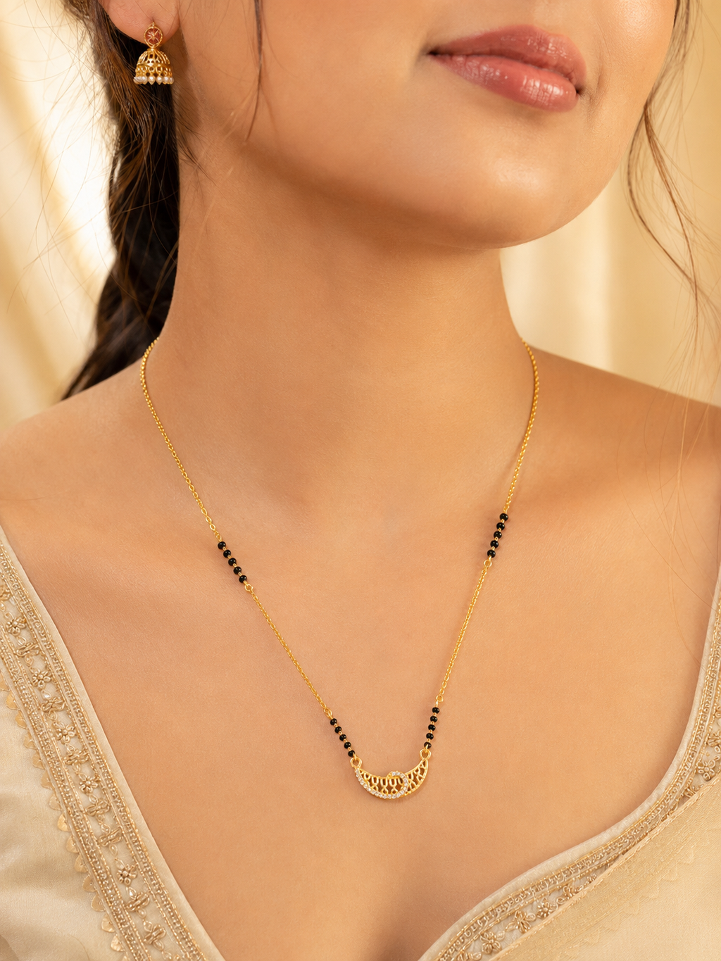 Elegant Gold-Plated CZ Half Moon Mangalsutra for Women | Minimal Black Bead Chain | Traditional & Daily Wear Necklace