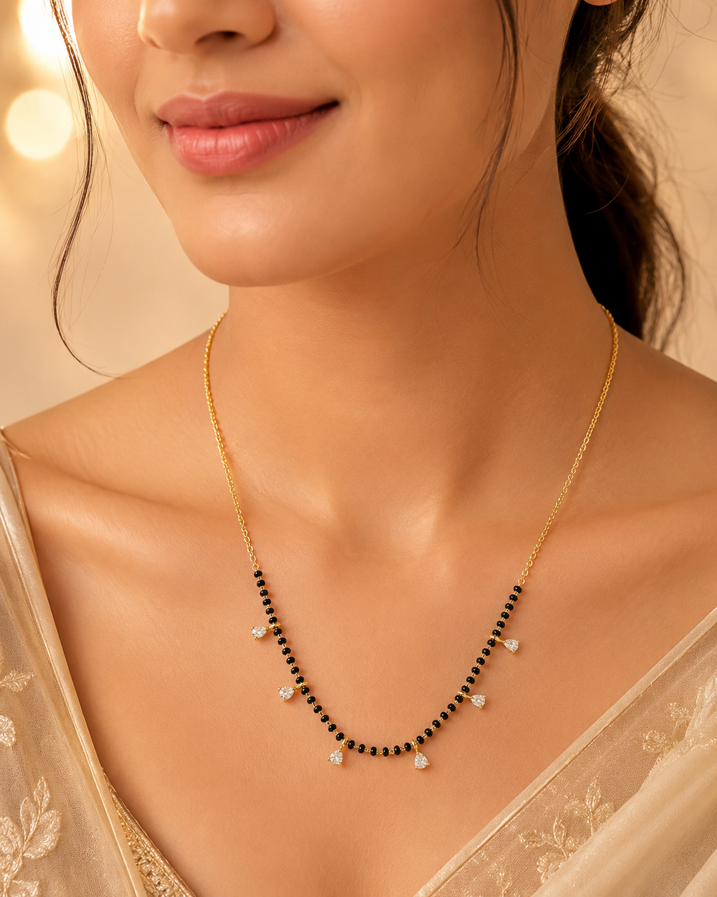 Elegant Gold-Plated CZ Charm Mangalsutra for Women | Minimal Black Bead Chain Necklace | Traditional Daily Wear Jewellery