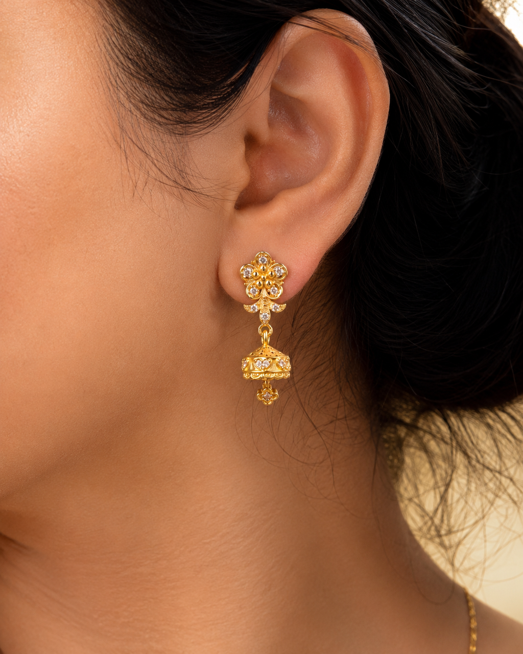Gold-Plated Floral AD Stone Mini Jhumka Earrings for Women  Product Description