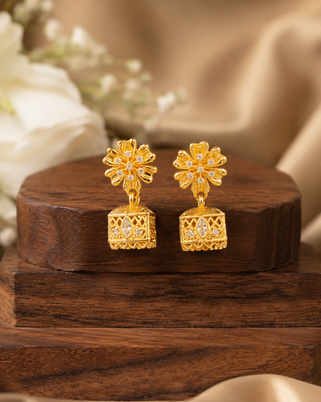 Gold-Tone Floral Stone Studded Square Jhumka Earrings for Women