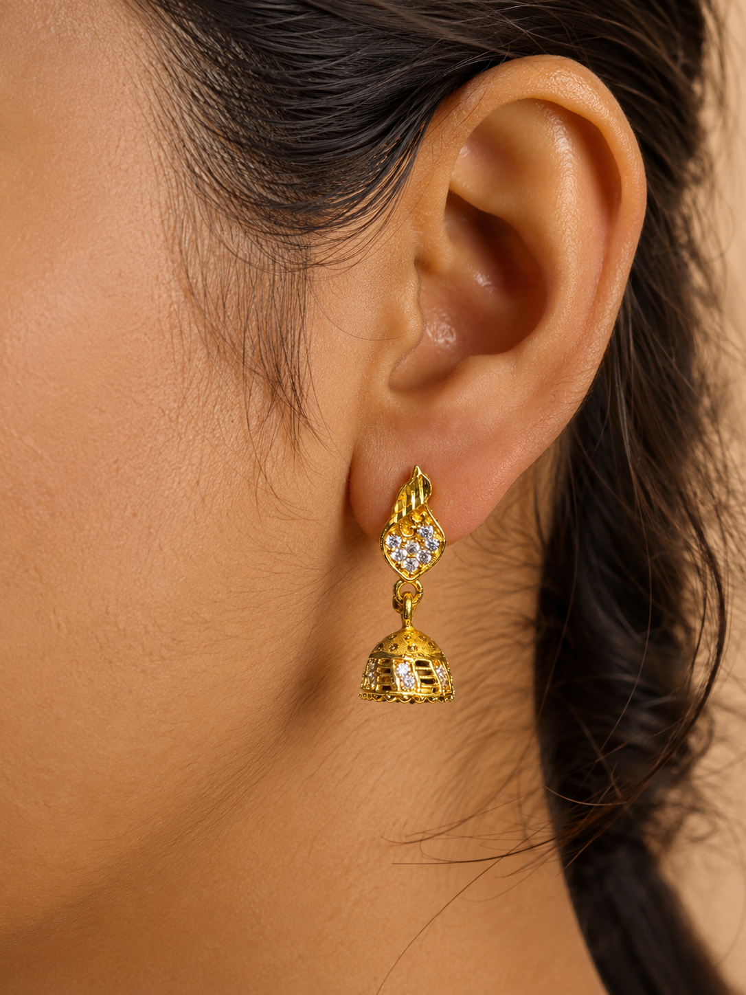 Gold-Plated Leaf Motif AD Stone Jhumka Earrings for Women
