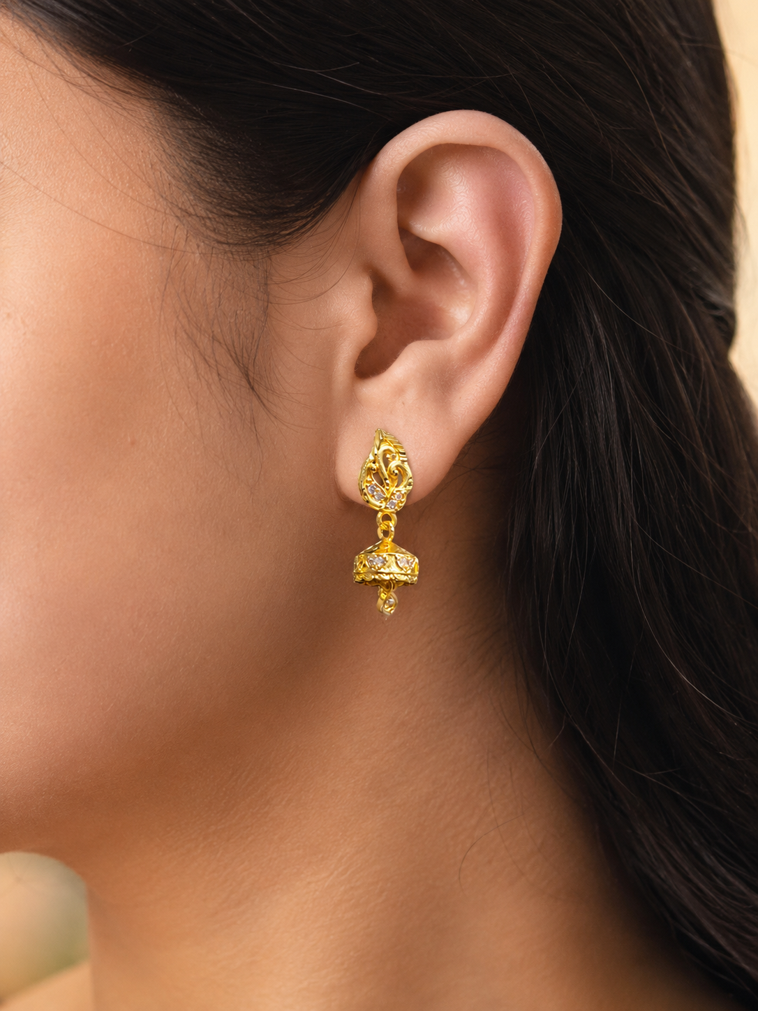 Golden Peacock Leaf Design CZ Stone Jhumka Earrings for Women