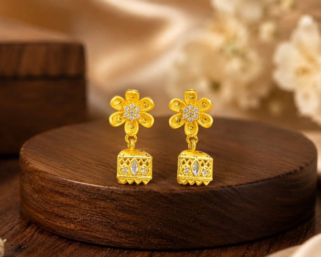 Gold-Tone Daisy Floral Square Jhumka Earrings for Women