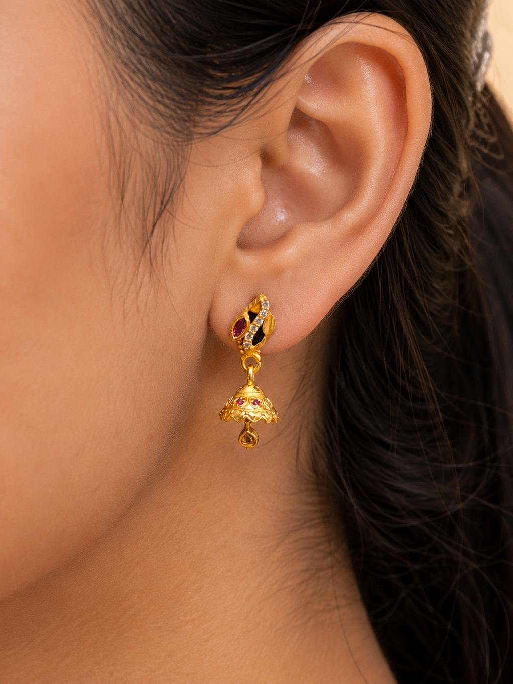 Ruby Leaf Gold-Tone Traditional Jhumka Earrings