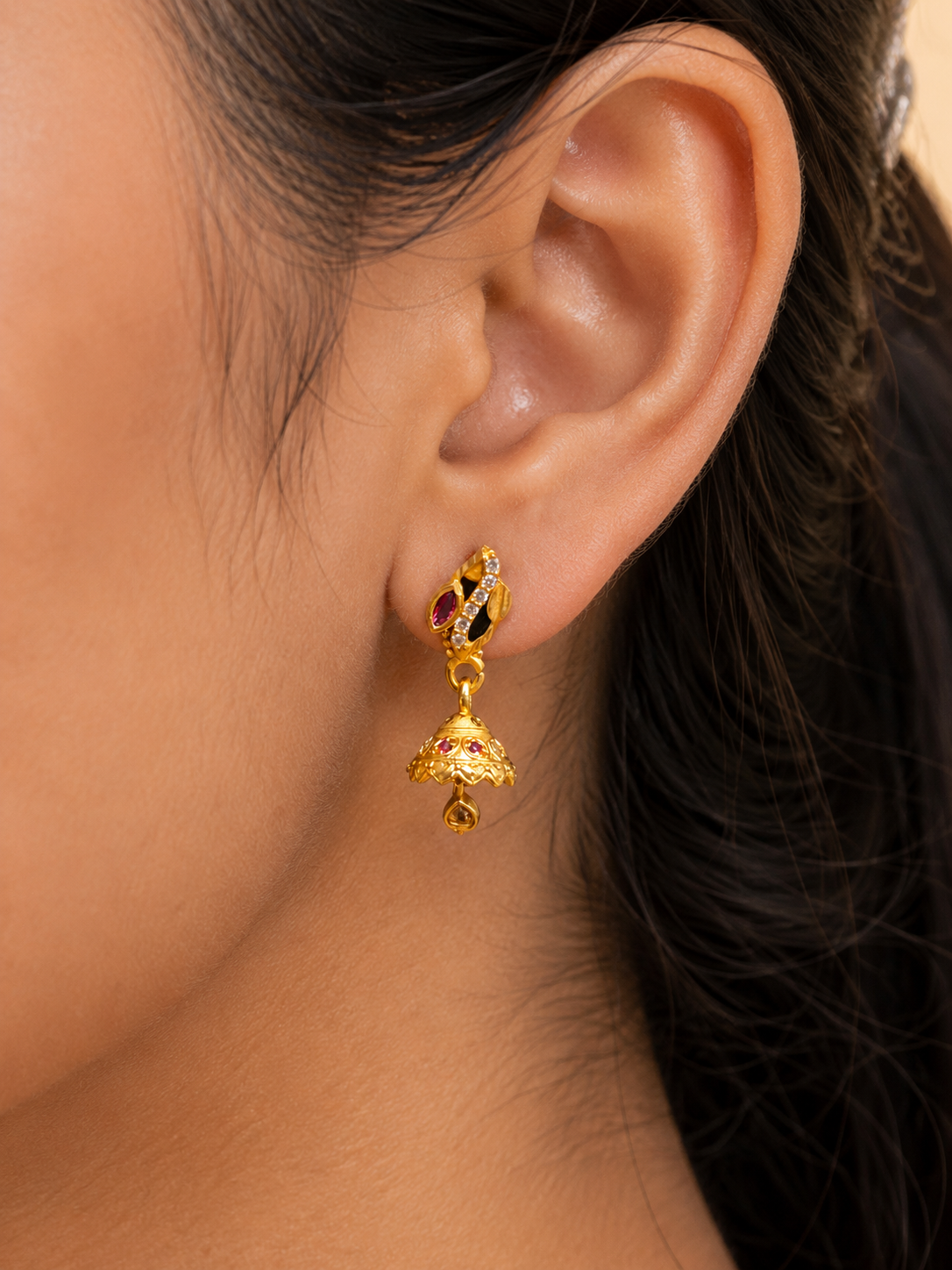 Ruby Leaf Gold-Tone Traditional Jhumka Earrings