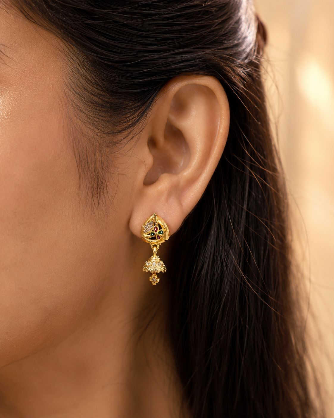 Traditional Multicolor Floral Leaf Jhumka Earrings – Gold Tone
