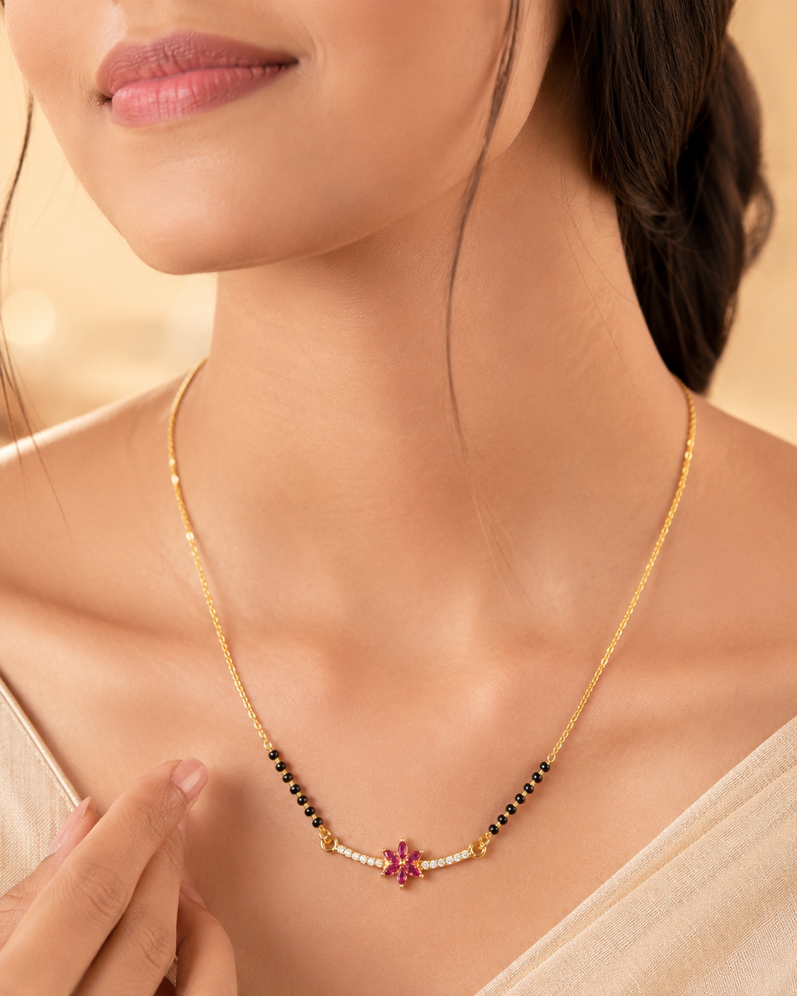 Gold-Plated Pink Floral CZ Mangalsutra for Women | Ruby Flower Pendant Black Bead Chain Necklace | Elegant Daily Wear Traditional Jewellery