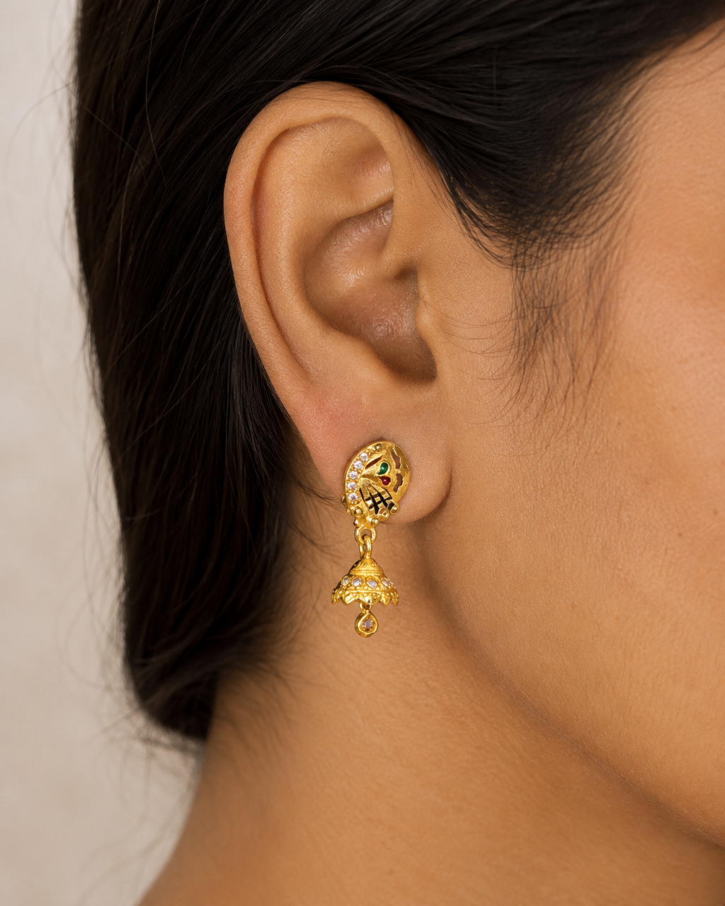 Royal Peacock Gold-Plated Jhumka Drop Earrings with Multicolor Enamel & Crystal Stones