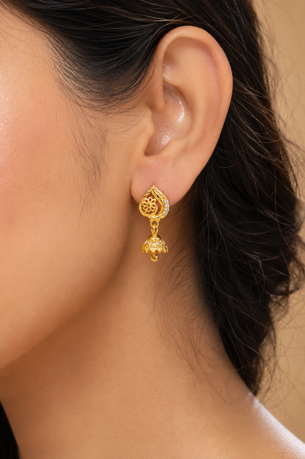 Golden Floral Teardrop Mini Jhumka Earrings with Crystal Detailing