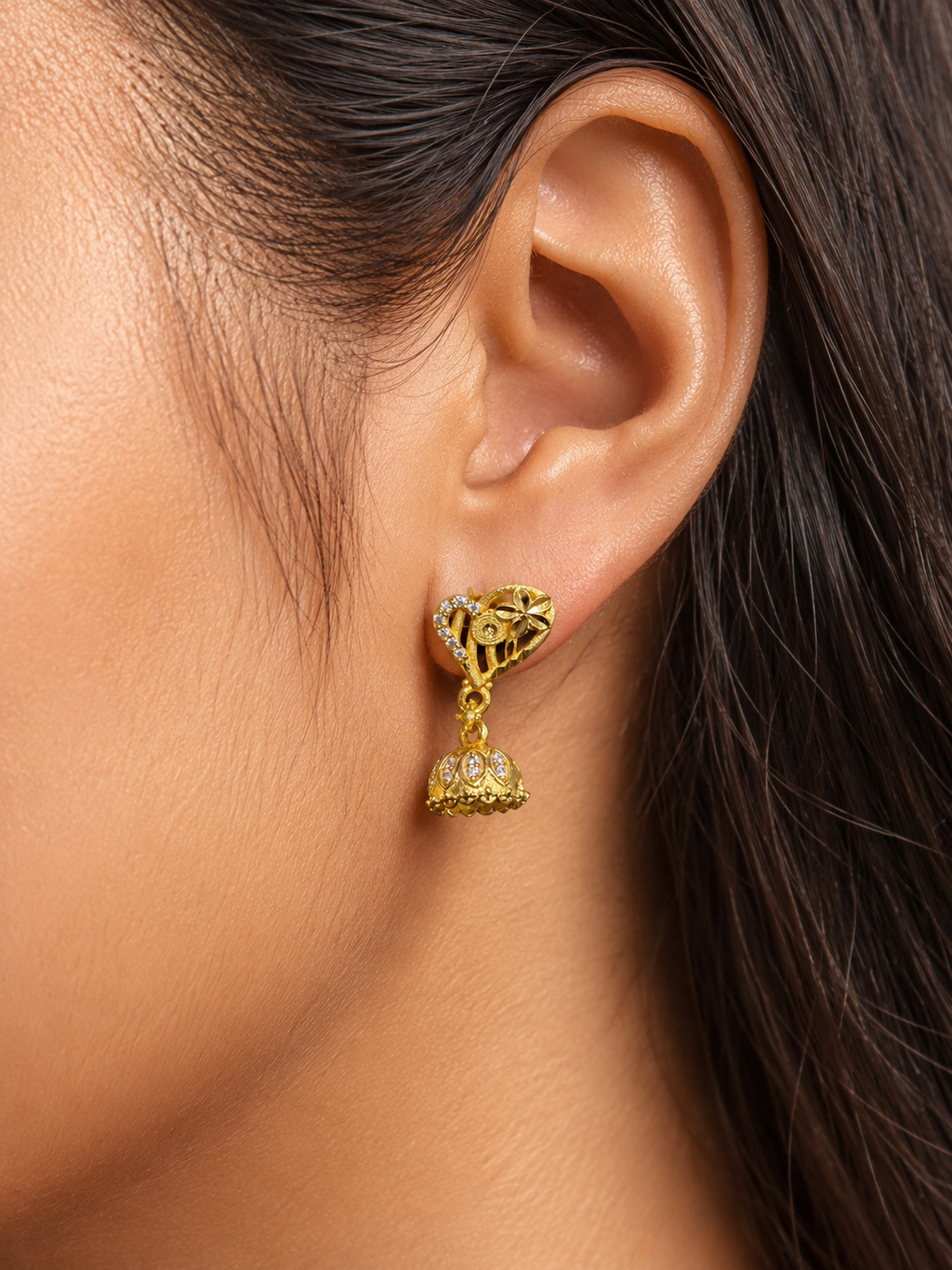 Floral Heart Gold-Tone Crystal Jhumka Earrings