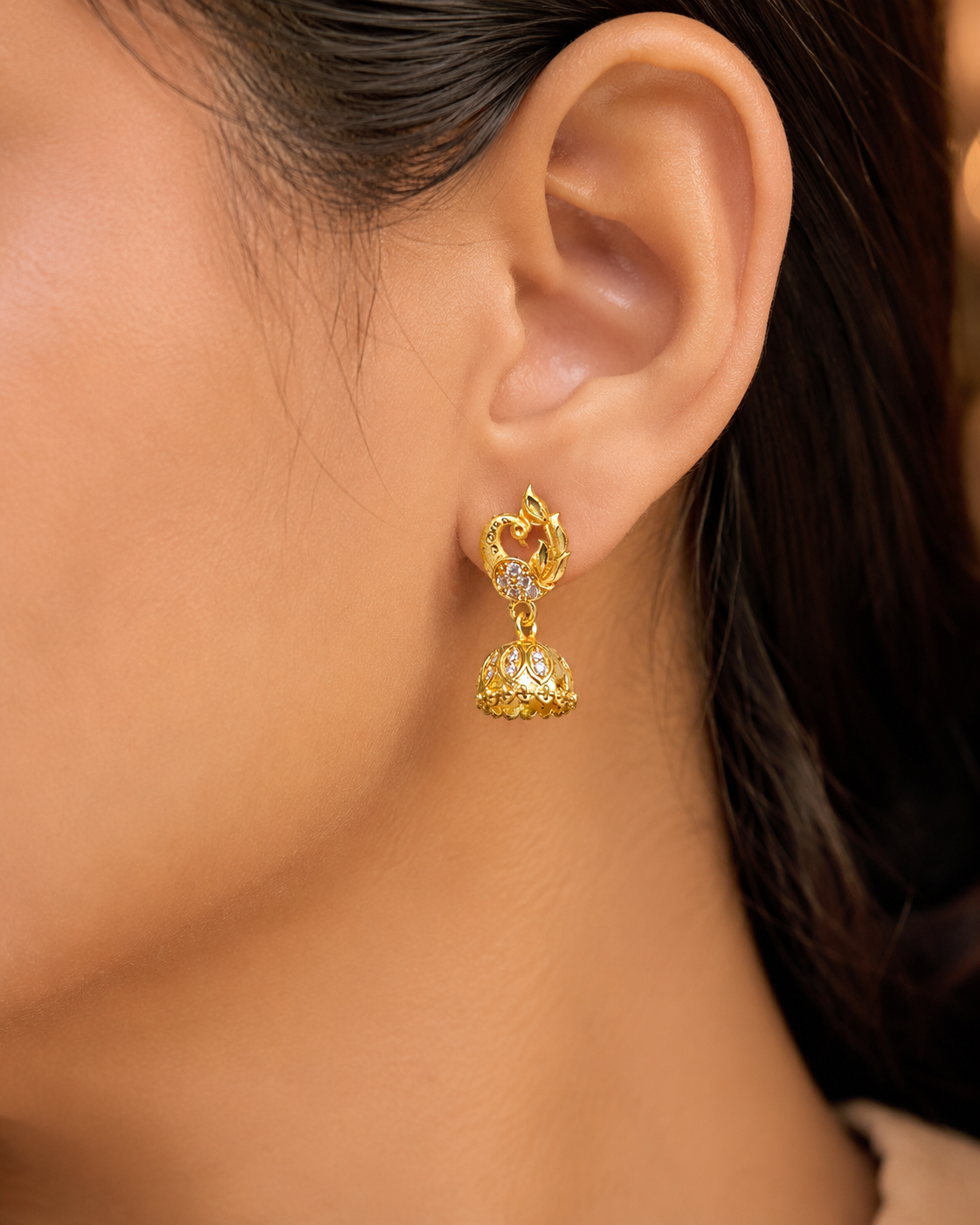 Golden Peacock Floral Jhumka Earrings with Sparkling Stones
