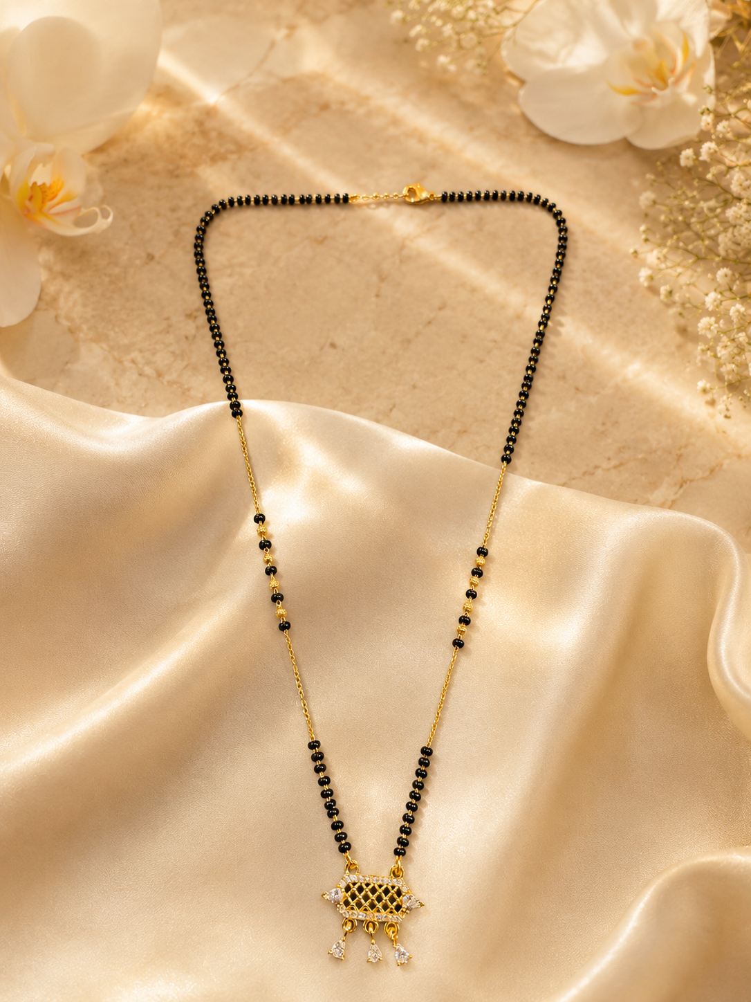 Elegant Gold-Plated CZ Geometric Pendant Mangalsutra for Women | Black Bead Chain Necklace | Traditional Daily Wear Jewellery