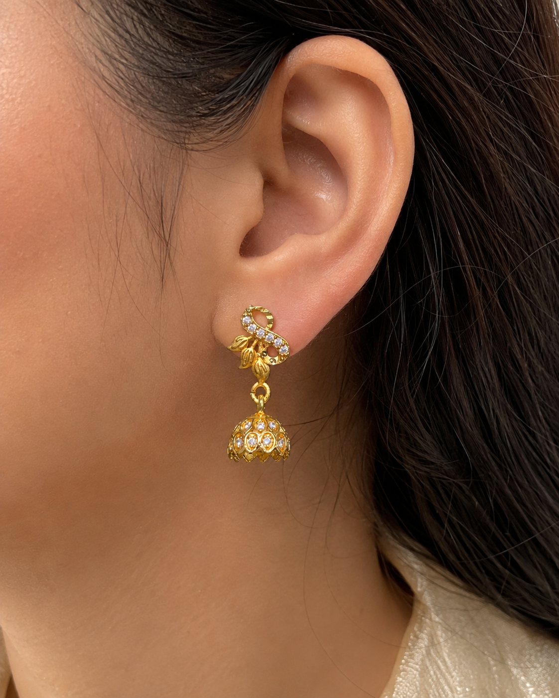 Gold-Plated Infinity Leaf AD Stone Jhumka Earrings for Women