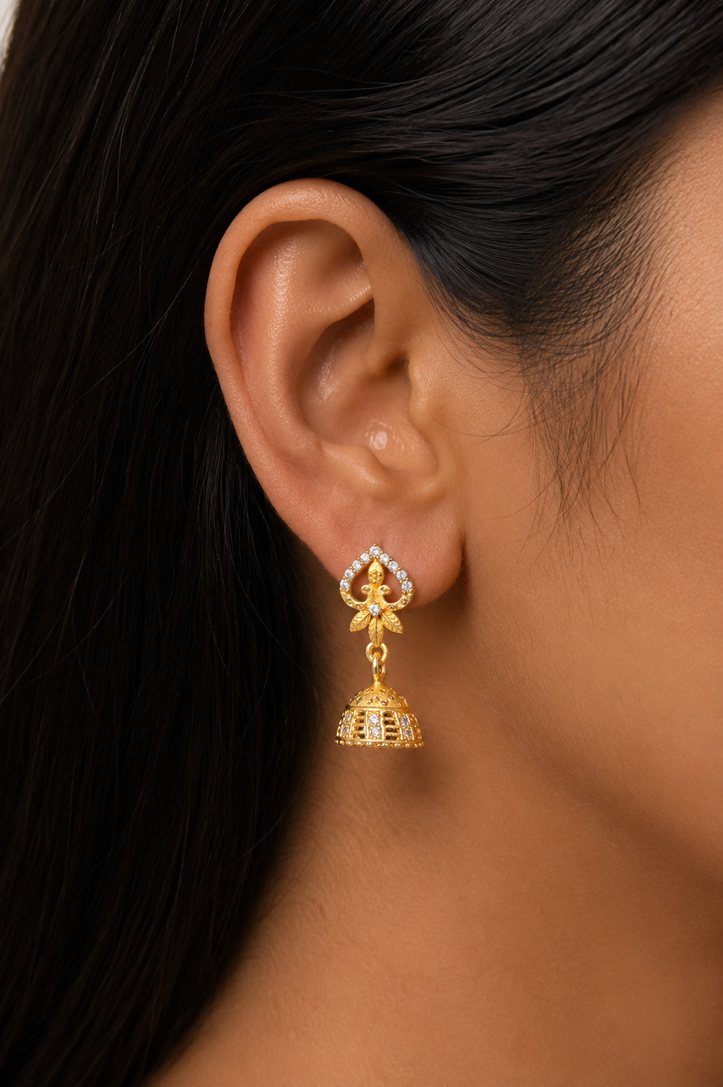 Gold-Plated Royal Leaf AD Stone Jhumka Earrings for Women