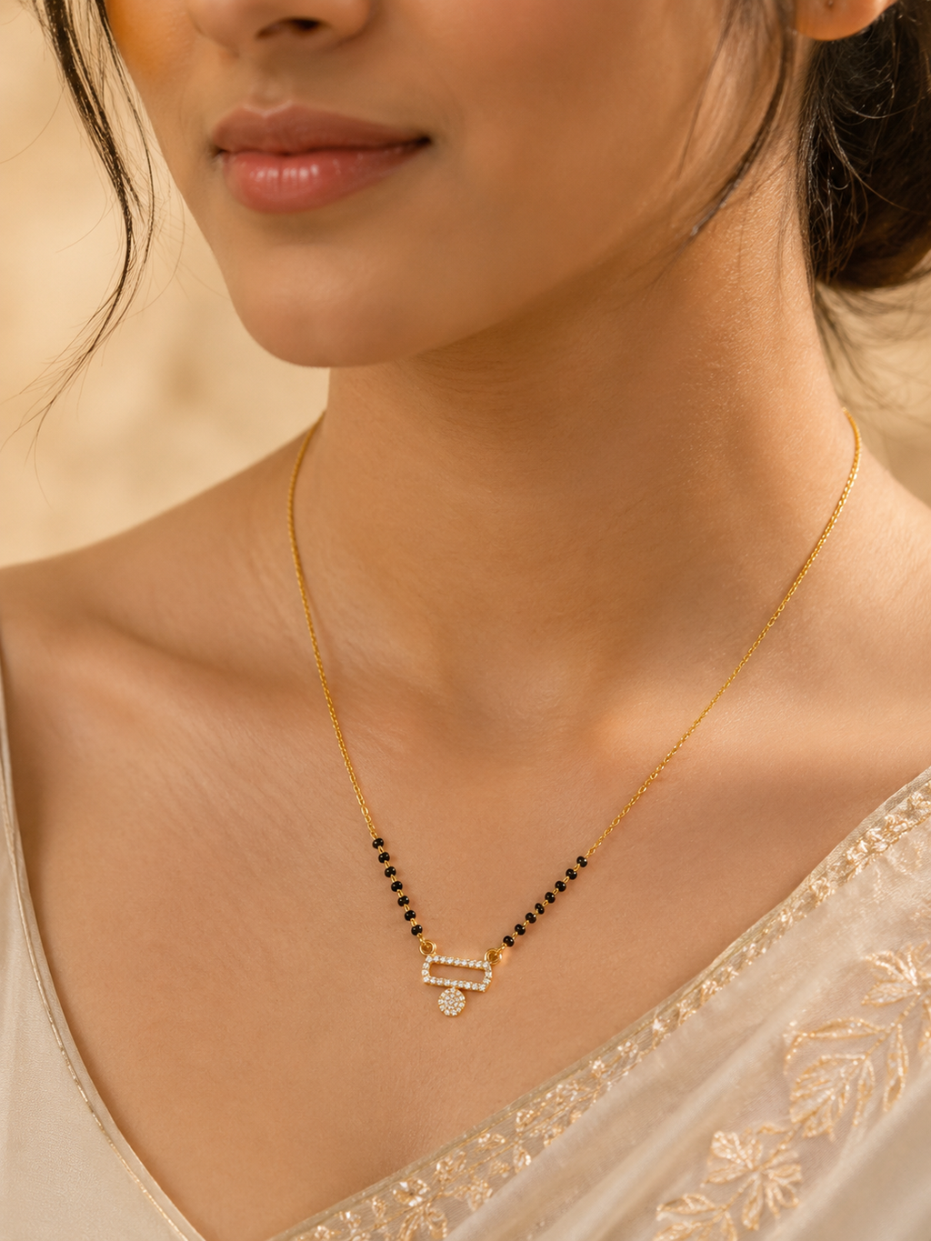 Elegant Gold-Plated CZ Geometric Drop Mangalsutra for Women | Minimal Black Bead Chain Necklace | Traditional Daily Wear Jewellery