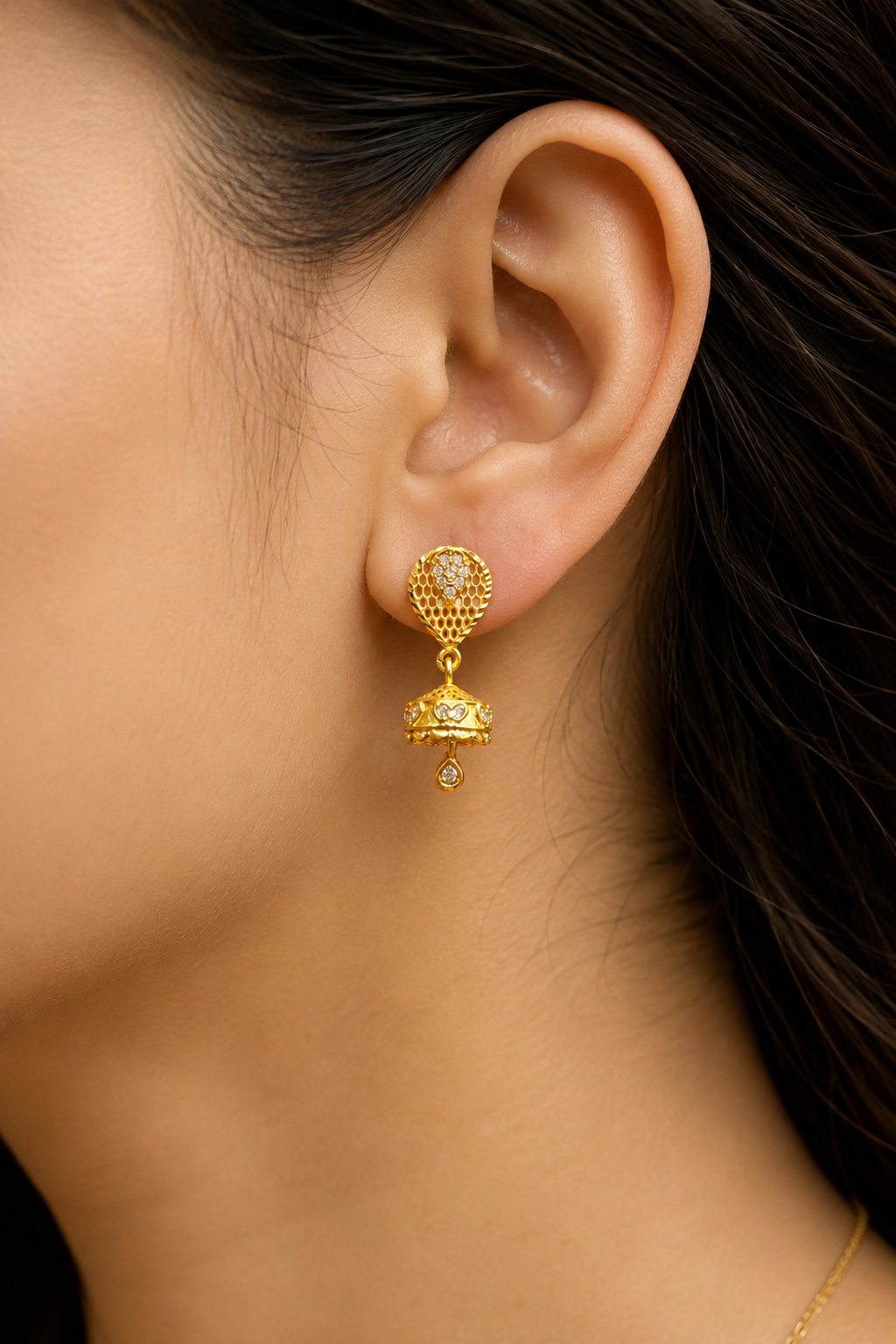 Gold-Plated Teardrop Mesh AD Stone Mini Jhumka Earrings for Women