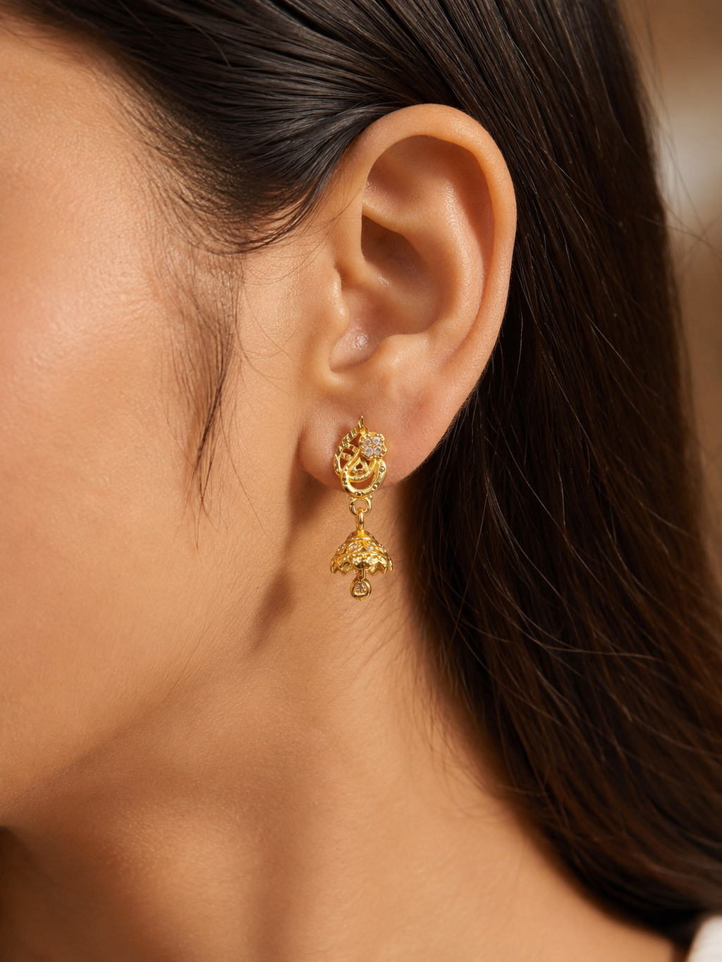 Floral Leaf Design Gold-Plated Mini Jhumka Earrings