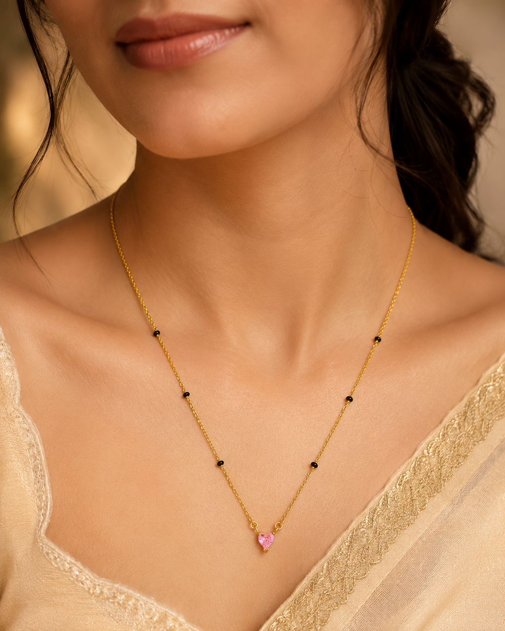 Gold-Tone Black Bead Pink Heart Pendant Mangalsutra Necklace for Women