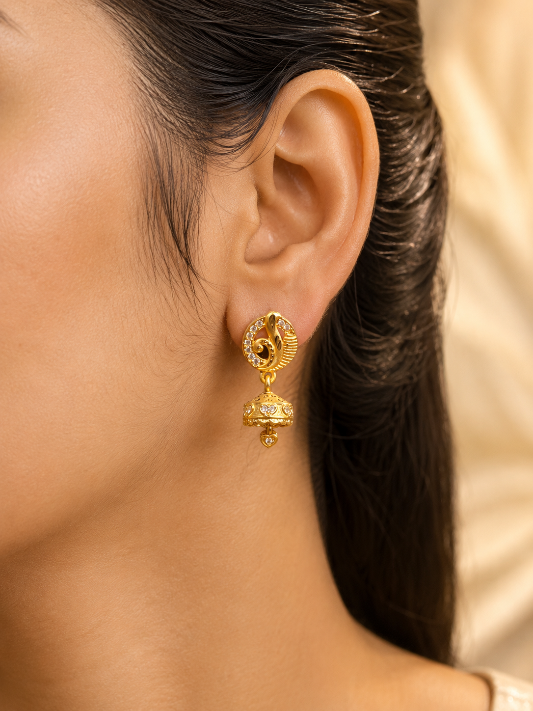 Elegant Gold-Plated Peacock Design Jhumka Earrings with White Stones for Women
