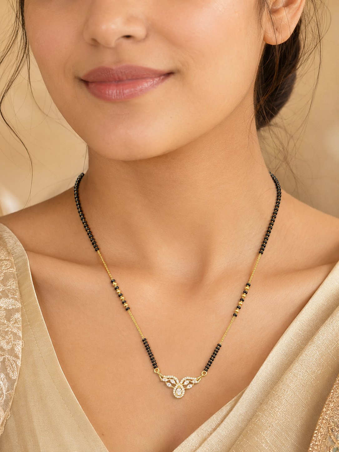 Elegant Gold-Plated CZ Leaf Teardrop Mangalsutra for Women | Minimal Black Bead Chain Necklace | Traditional Daily Wear Jewellery