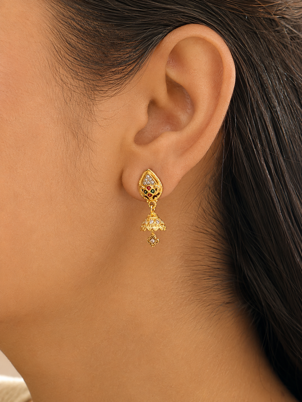 Traditional Gold-Plated Meenakari Floral Jhumka Earrings with Crystal Stones