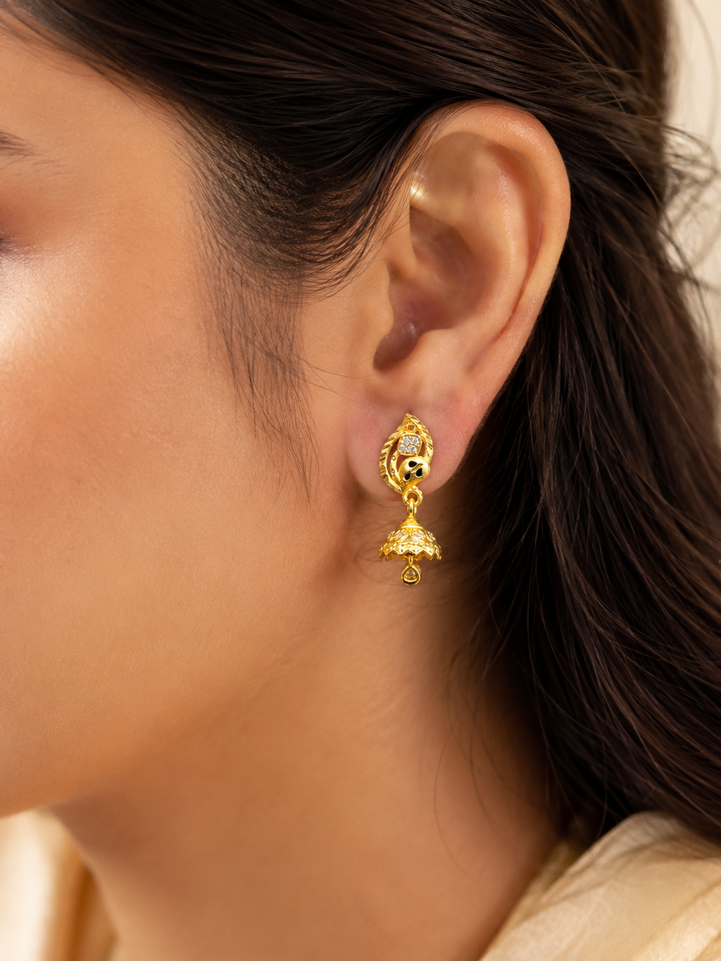Golden Peacock Leaf Jhumka Earrings with Sparkling Stone Detail