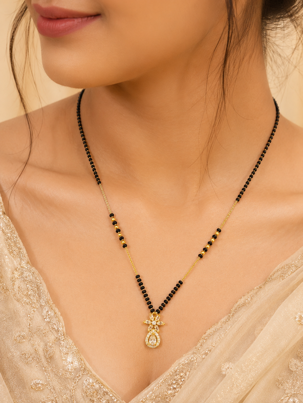 Elegant Gold-Plated CZ Floral Teardrop Mangalsutra for Women | Minimal Black Bead Chain Necklace | Traditional Daily Wear Jewellery