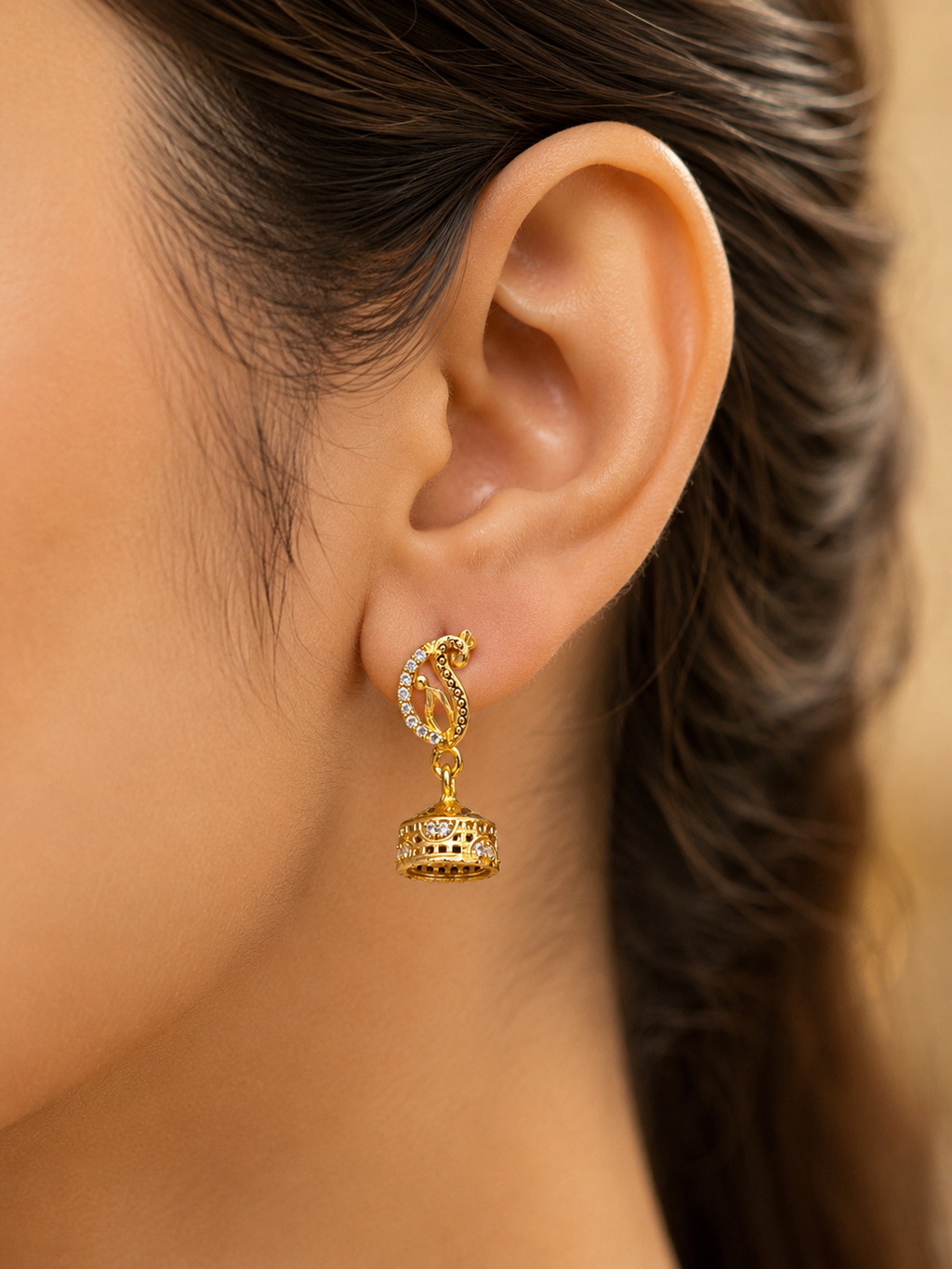 Peacock Grace Crystal Gold-Tone Bell Jhumka Earrings