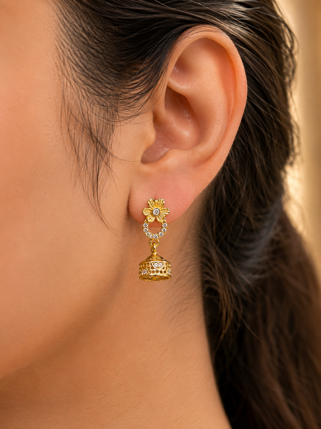 Gold-Plated Floral Hoop AD Stone Jhumka Earrings for Women
