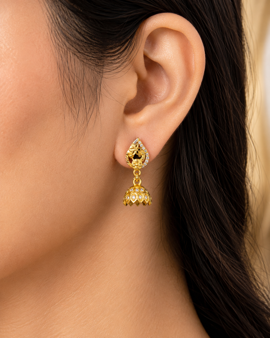 Floral Peacock Crystal Gold-Tone Jhumka Earrings