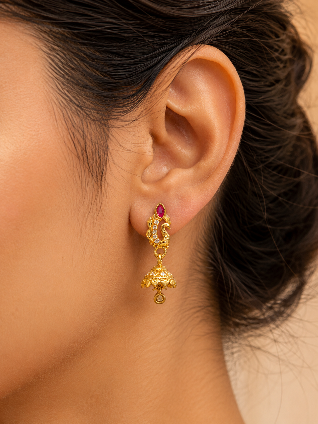 Royal Peacock Ruby Stone Gold-Plated Jhumka Earrings
