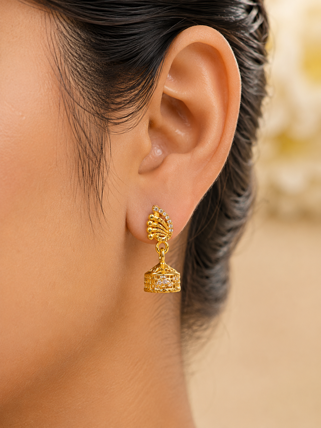 Royal Fan Crystal Gold-Tone Bell Jhumka Earrings