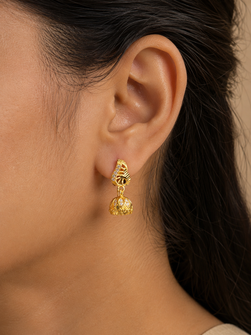 Elegant Gold-Plated Leaf Design Mini Jhumka Earrings with White Stones for Women