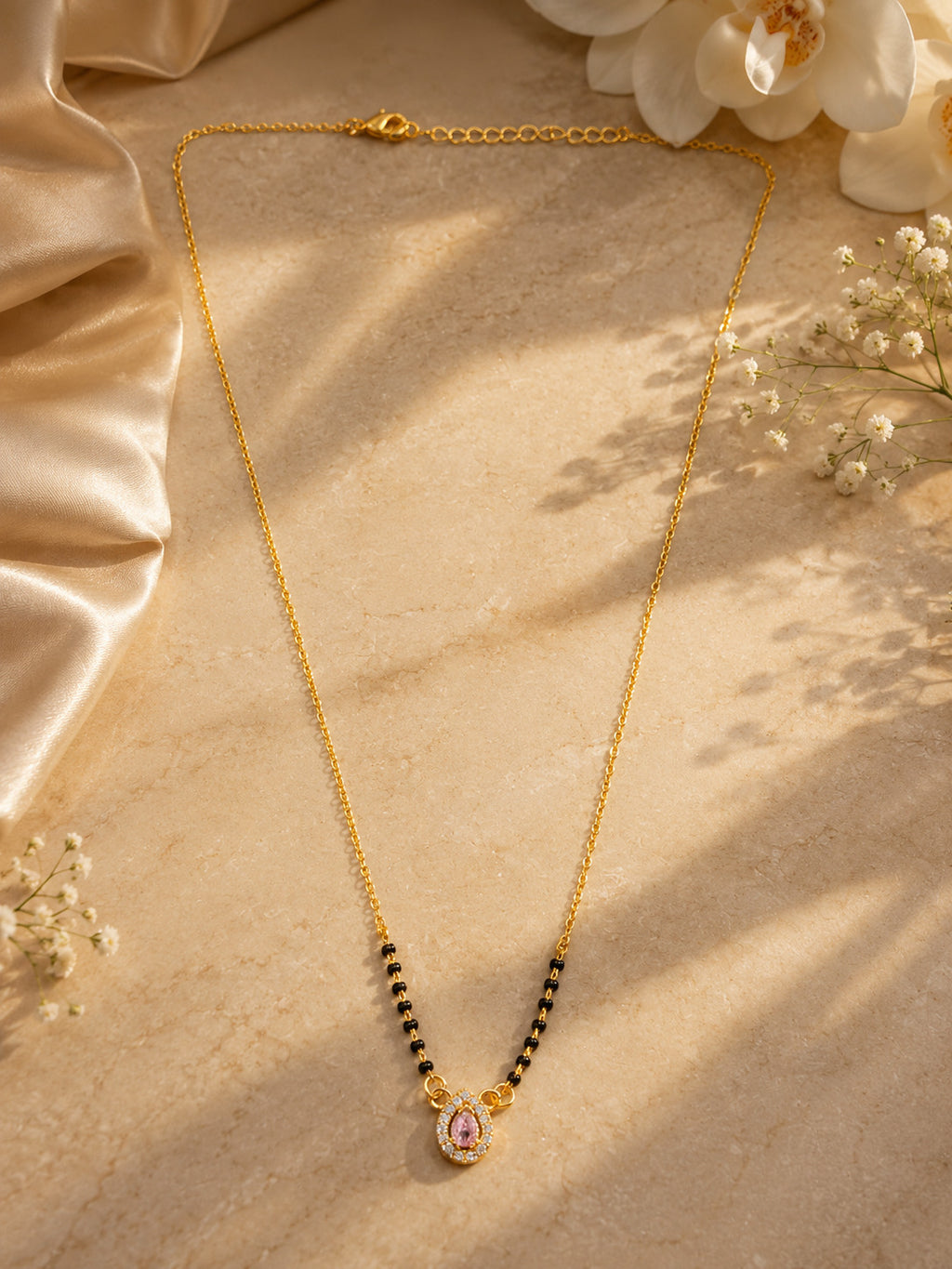 Gold-Tone Black Bead Pink Stone Pendant Mangalsutra Necklace for Women
