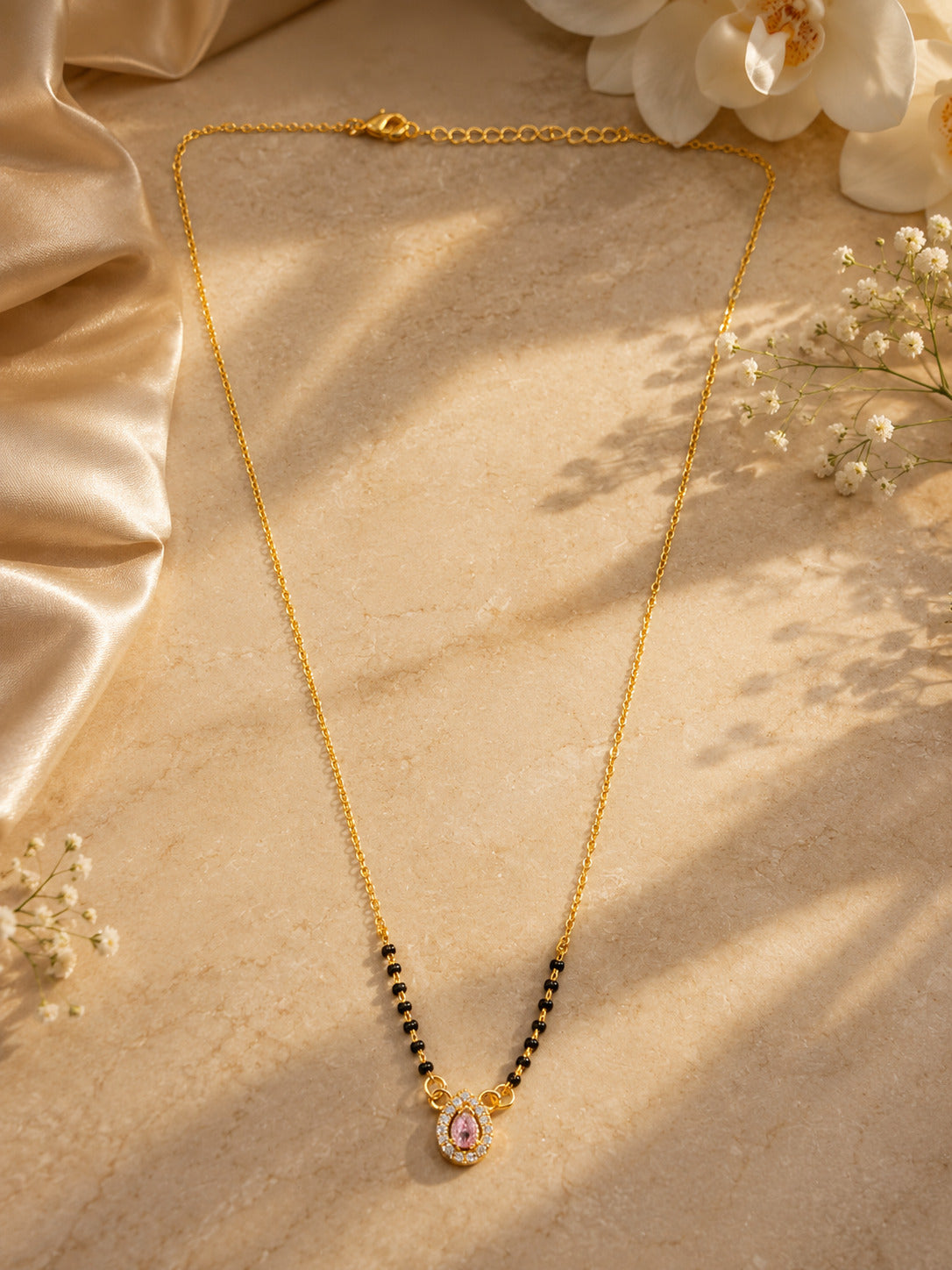 Gold-Tone Black Bead Pink Stone Pendant Mangalsutra Necklace for Women
