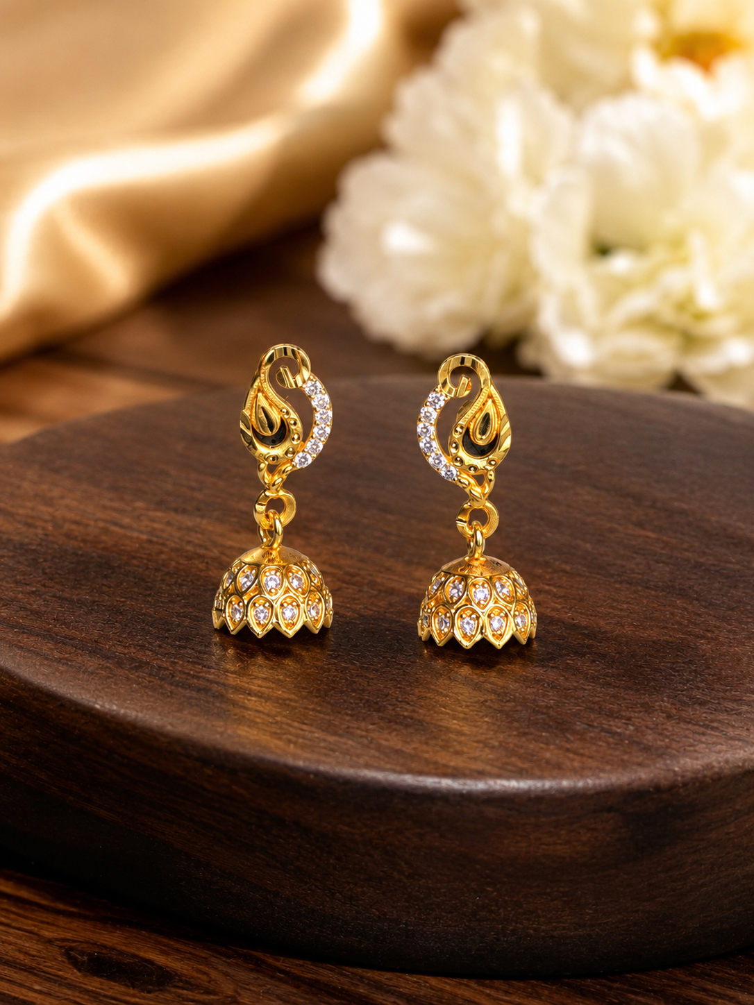 Elegant Gold Plated American Diamond Peacock Design Jhumka Earrings for Women