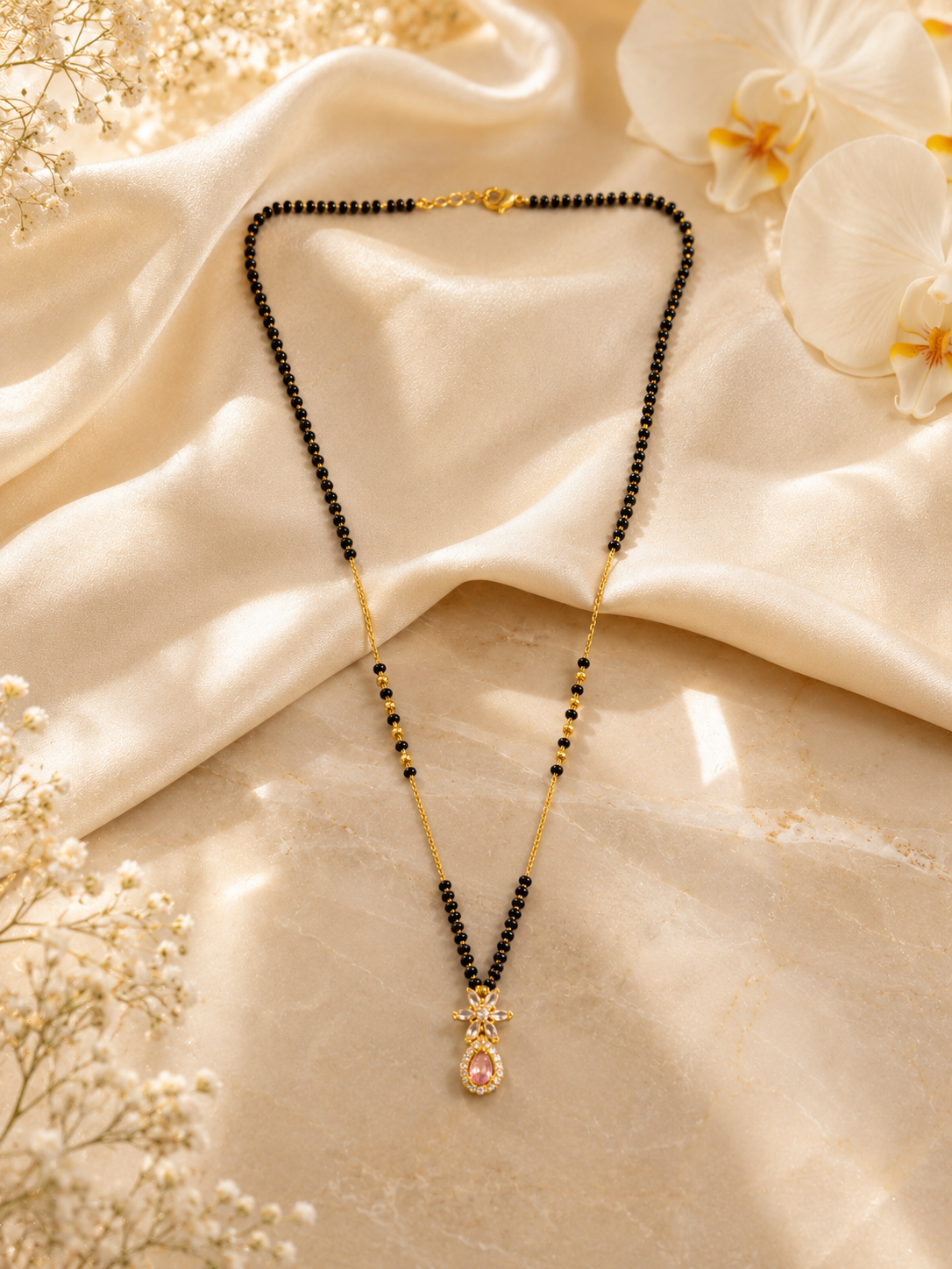 Elegant Gold-Plated Pink CZ Floral Mangalsutra for Women | Black Bead Chain Necklace | Traditional Daily Wear Jewellery