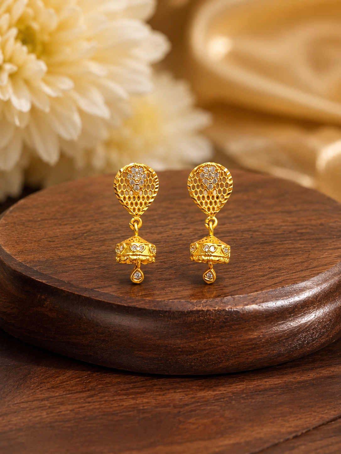 Gold-Plated Teardrop Mesh AD Stone Mini Jhumka Earrings for Women