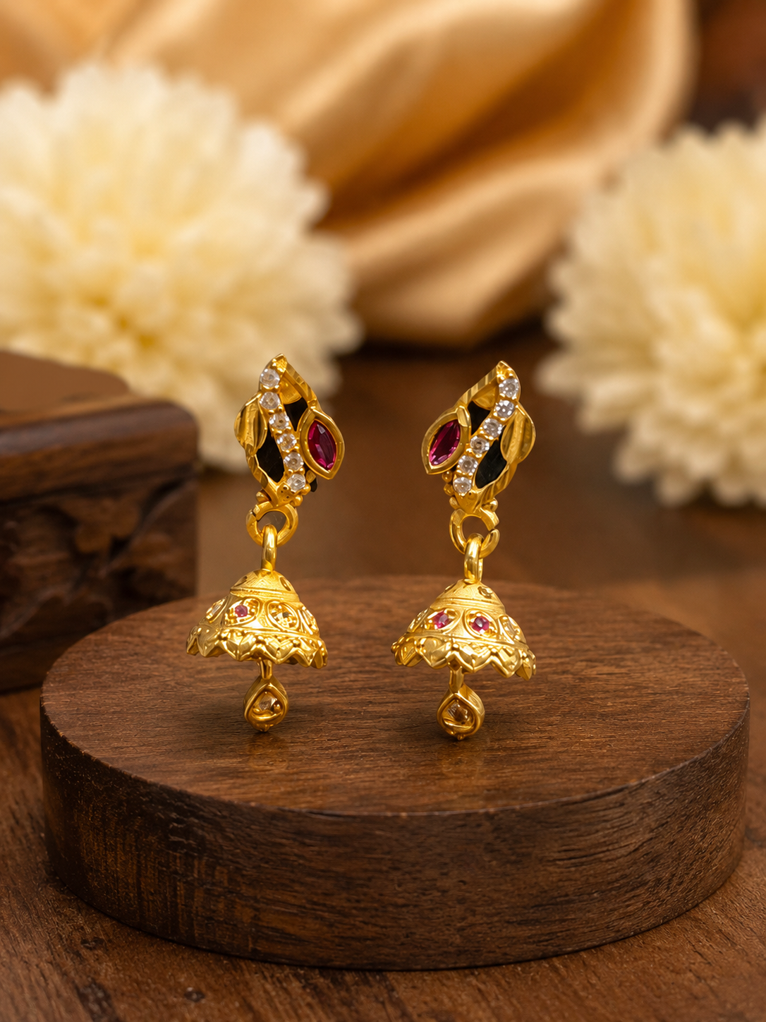Ruby Leaf Gold-Tone Traditional Jhumka Earrings