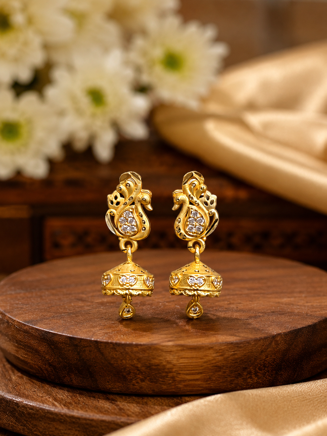 Golden Peacock Design Jhumka Earrings with Sparkling Stone Work