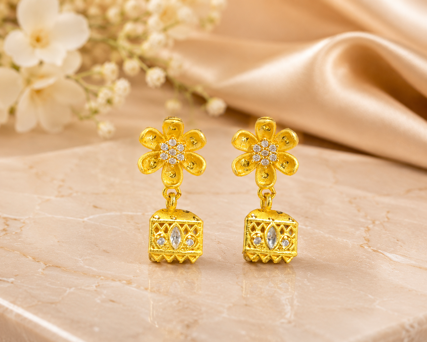 Gold-Tone Daisy Floral Square Jhumka Earrings for Women