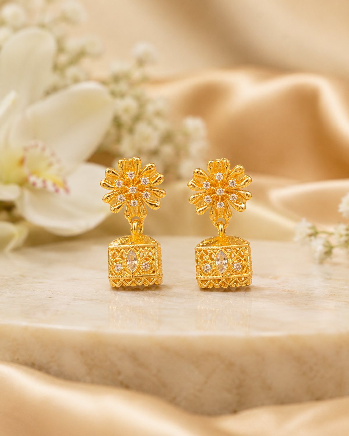 Gold-Tone Floral Stone Studded Square Jhumka Earrings for Women