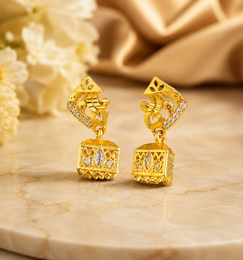 Gold-Tone Stone Studded Geometric Jhumka Earrings for Women