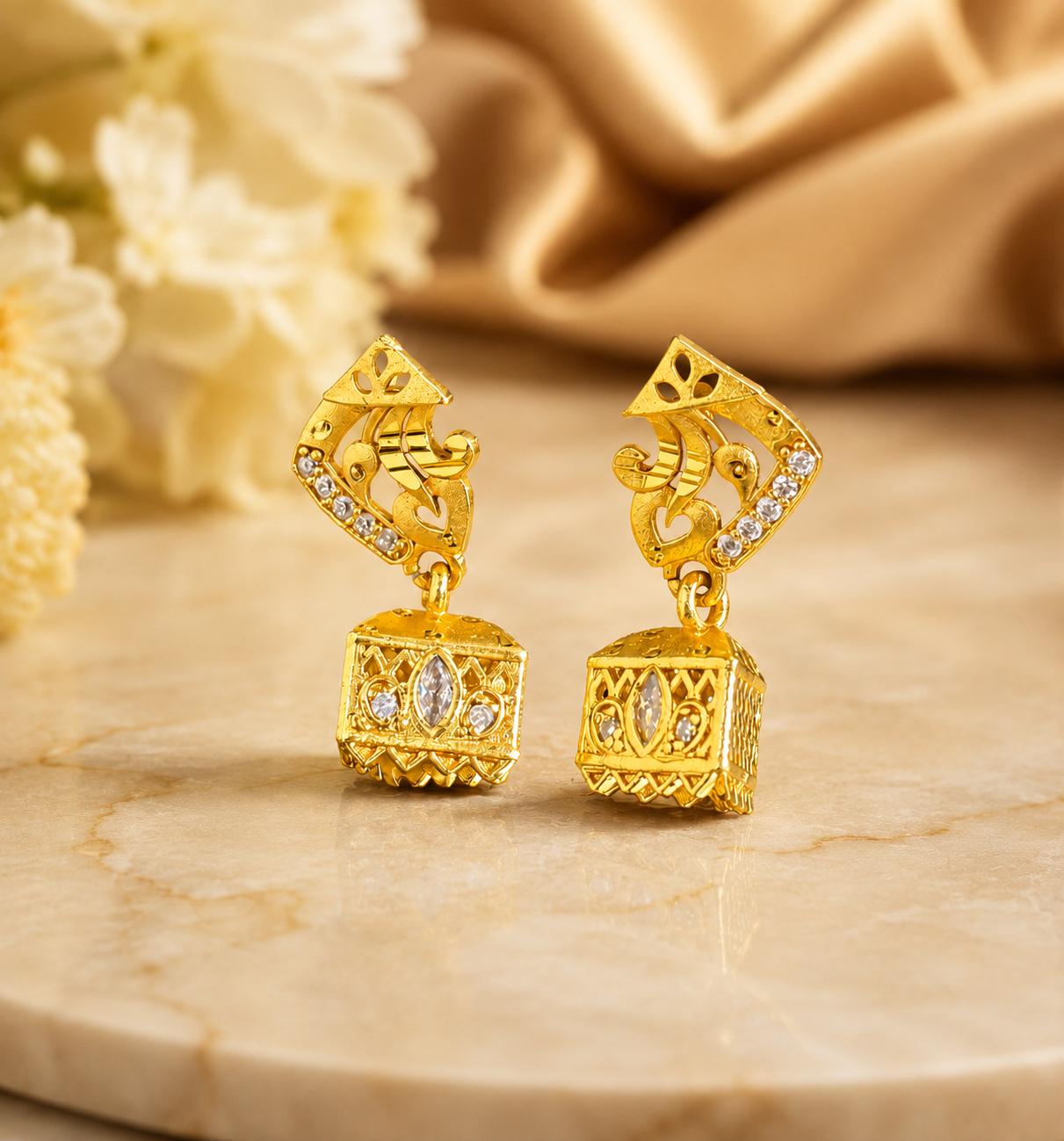 Gold-Tone Stone Studded Geometric Jhumka Earrings for Women