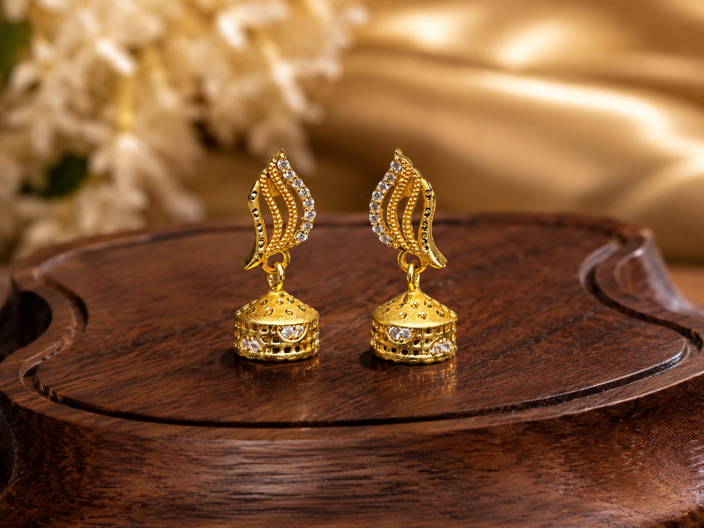 Gold-Plated Elegant Leaf AD Stone Jhumka Earrings for Women