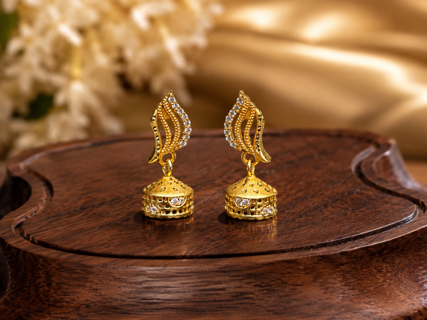 Gold-Plated Elegant Leaf AD Stone Jhumka Earrings for Women