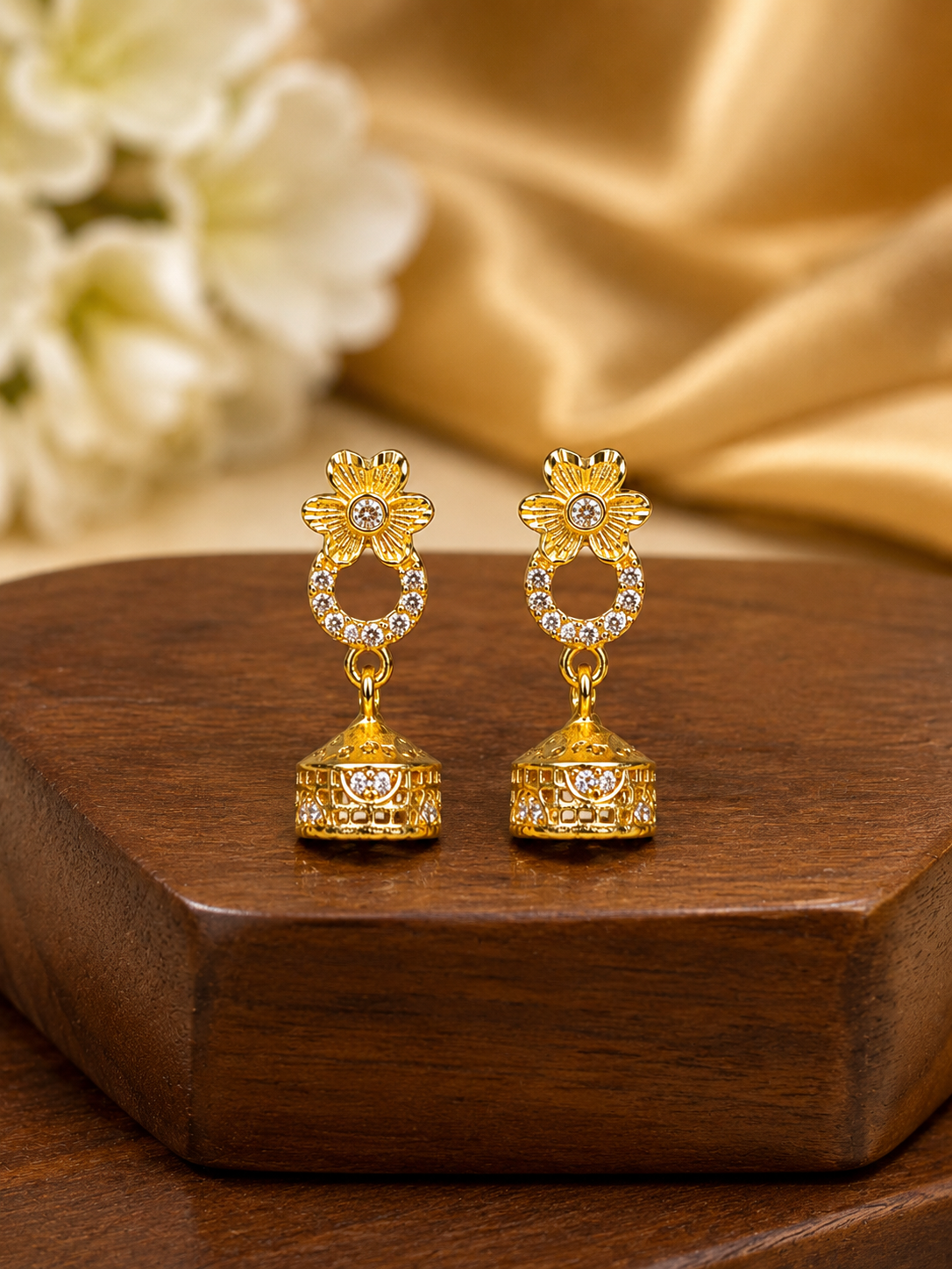 Gold-Plated Floral Hoop AD Stone Jhumka Earrings for Women