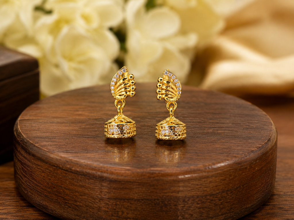 Royal Fan Crystal Gold-Tone Bell Jhumka Earrings