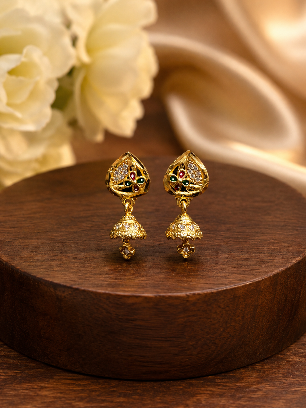 Traditional Multicolor Floral Leaf Jhumka Earrings – Gold Tone