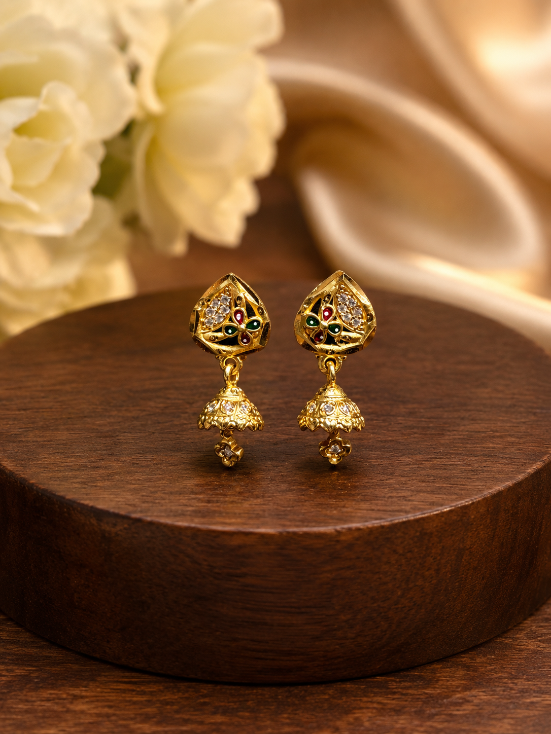 Traditional Multicolor Floral Leaf Jhumka Earrings – Gold Tone